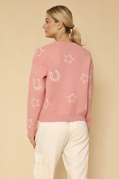 *In-House Design*-Cowboy hats, horseshoes and stars-Round neckline-All original design Western Crew Neck Sweatshirt Pink, Pink Cowgirl Hat, Pink Cowgirl, Cowgirl Hat, Cardigan Sweater Coat, Pullover Cardigan, Pink M, Cowgirl Hats, Country Charm