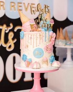 a birthday cake with ice cream cones on top and decorations around the edges that spell out what's up