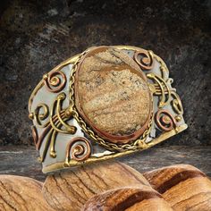 Mixed Metal Statement Cuff Bracelet - Picture Jasper UrbanroseNYC Gemstone Cuff Bracelet, Statement Cuff Bracelet, Wide Cuff Bracelets, Mixed Metal Jewelry, Jewelry Picture, Handcrafted Artisan Jewelry, Wide Cuff, Picture Jasper, Statement Bracelet