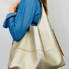 Large Leather Slouchy Hobo Shoulder Bag With Zip Pocket, Champagne Gold - Etsy Smartphone Bag, Slouchy Hobo Bag, Hobo Shoulder Bag, Hobo Bags, Great Lengths, Champagne Gold, Relaxed Style, Bag Straps, Hobo Bag