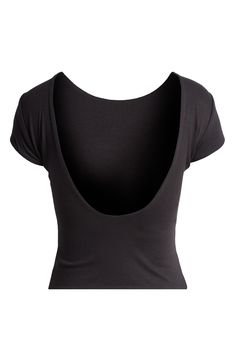 A cropped top presents as simple and standard from the front but serves seriously sultry vibes in the back. 18 1/2" length (size Medium) Boat neck lined Short sleeves Open back 95% rayon, 5% spandex Machine wash, tumble dry Imported Scoop Neck Crop Top With Built-in Bra, Fitted Low-cut Top With Built-in Bra, Chic Scoop Neck Crop Top With Built-in Bra, Fitted Crop Top With Built-in Bra And Scoop Back, Solid Top With Built-in Bra And Scoop Back, Chic Seamless Low-cut Crop Top, Stretch Short Sleeve Crop Top With Built-in Bra, Bra Friendly Backless Crop Top For Night Out, Stretch Low-cut Bra Friendly Crop Top