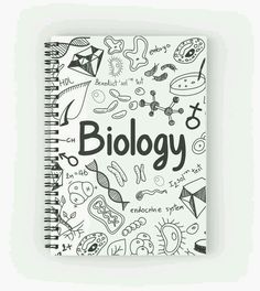 a spiral notebook with the words biology written in black and white doodles on it