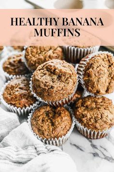 healthy banana muffins stacked on top of each other with the title overlay