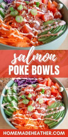 this salmon poke bowl is loaded with vegetables and topped with ranch dressing it's easy to make