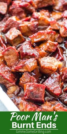 a close up of food in a pan with the title text overlay reading poor mary's burnt ends