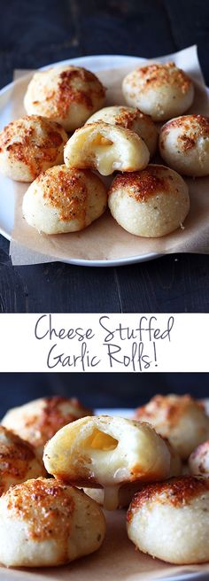 cheese stuffed garlic rolls on a plate with the words, cheese stuffed garlic rolls above them