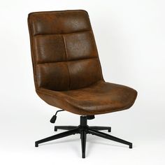 a brown office chair sitting on top of a wooden desk