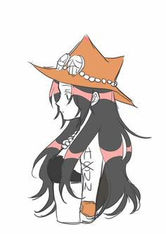 a drawing of a girl with long hair wearing a hat and holding her hand on her shoulder