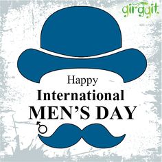 a happy international men's day card with a blue hat and moustache