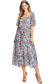 Chiffon midi dress with vibrant prints. Round neckline and elbow length sleeves. A-line silhouette with a self-tie belt at the waist. Fully lined. CARE | Hand Wash Cold CONTENTS | Self/Lining: 100% Polyester MEASUREMENTS | 40"/102 cm Top to Bottom (Size Small) MODEL | 5'8 - wearing a size Small IMPORTED Summer Bohemian Belted Midi Dress, Beach Multicolor Midi Dress With Tie Waist, Multicolor Half Sleeve Maxi Dress For Vacation, Patterned Flowy Midi Dress With Short Sleeves, Multicolor Short Sleeve Midi Dress With Tie Waist, Summer Midi Dress With Belt And Half Sleeves, Chiffon Midi Dress, Elbow Length Sleeve, Vibrant Prints