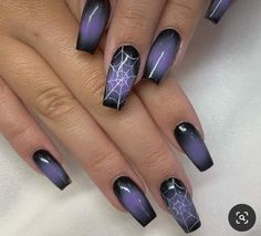 Purple Black Nails Halloween, Black And Purple Gothic Nails, Gothic Aura Nails, Purple Nails With Spider Web, Dark Purple Nails Halloween, Gothic Nail Designs Short, Purple Spider Nails, Short Purple Halloween Nails, Purple French Tip Nail Designs