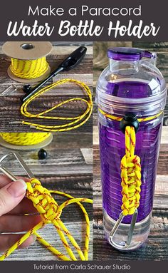 the instructions to make a paracord water bottle holder with yellow and purple yarn