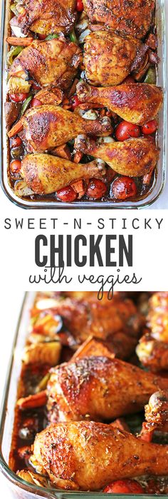 chicken with veggies in a casserole dish and the words, sweet - n - sticky chicken with veggies