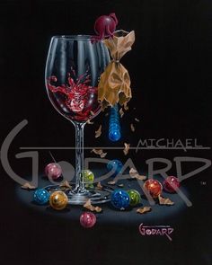 a painting of a wine glass with some candy on the bottom and an apple in the middle