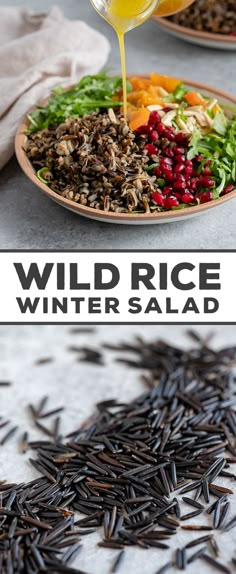 wild rice winter salad with pomegranates and orange juice being poured over it