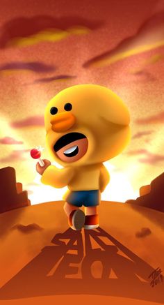 a cartoon character running across a desert with an ice cream cone in his hand and the sun behind him