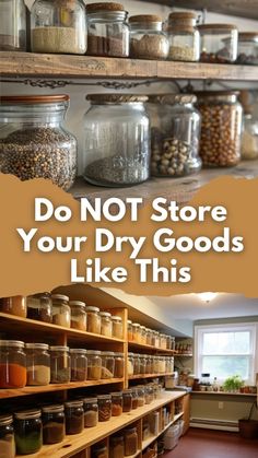 an open pantry filled with lots of different types of jars and containers on wooden shelves