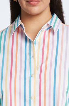 Refresh your everyday look in this all-cotton shirt framed by three-quarter sleeves and covered in happy rainbow-hued stripes. 28 1/2" length Front button closure Spread collar Three-quarter sleeves with button cuffs 100% cotton Machine wash, tumble dry Imported Multicolor Collared Shirt For Daywear, Casual Multicolor Shirt With 3/4 Sleeves, Multicolor 3/4 Sleeve Shirt For Summer, Rainbow Palette, Stripe Shirt, Now And Then, Tunic Sweater, Rainbow Stripes, Plus Size Shirts