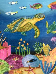 an underwater scene with sea animals and fish