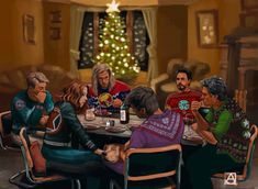 a group of people sitting around a table eating food and drinking wine in front of a christmas tree