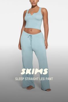 These unbelievably soft pajama bottoms will be your top choice when it comes to your sleep uniform. Designed with a straight leg silhouette, these relaxed pants have an adjustable interior drawstring at the waistband for ultimate comfort. Fits true to size. | SKIMS Sleep Straight Leg Pants | Blue | XL Blue Straight Leg Pants For Loungewear, Cheap Light Blue Loungewear Pants, Blue Straight Leg Loungewear Bottoms, 4-way Stretch Straight Leg Bottoms For Loungewear, Comfortable Blue Sleep Bottoms, Skims Pajamas, Bra Calculator, Relaxed Pants, Straight Leg Pant