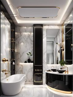 an elegant bathroom with black and white marble walls, gold trimmings and golden accents