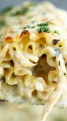 a close up of a piece of food with noodles and cheese on it's side