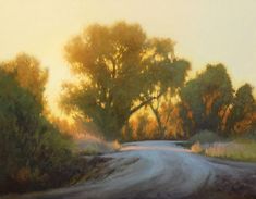 an oil painting of a country road with trees and grass in the background at sunset