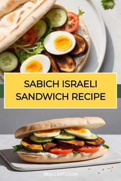 Sabich Israeli sandwich with eggs, eggplant, tomato, and greens on pita bread. Amba Sauce, Street Food Sandwich, Fried Eggplant, Mediterranean Lifestyle, Tahini Sauce, Global Cuisine, Quick Bite, Pickled Onions, Pita Bread