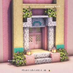 the entrance to a pink building with flowers and plants on it's windowsill