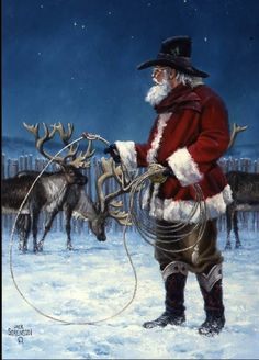 a painting of santa claus with reindeers in the background