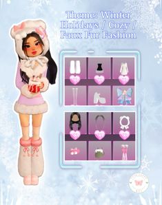 the doll is dressed in winter clothing and holding a gift box with other items on it