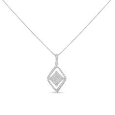 This geometric double rhombus necklace is set with 1/3 cttw of natural, beautiful diamonds. Sure to shine on your neck, this pendant is designed with the finest 10k white gold. Boasting a total diamond weight of 1/3 cttw, this piece will be a standout in your jewelry collection. Comes with an 18" box chain. Diamond-shaped Necklace With Diamond Accents, Diamond White Necklace With Diamond Markers, Diamond-shaped Necklace With Diamond Accents For Anniversary, Double Triangle, Box Chain, To Shine, Diamond Necklace, Diamond Cuts, Jewelry Collection