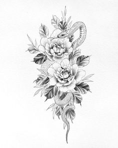 a snake and flowers tattoo design