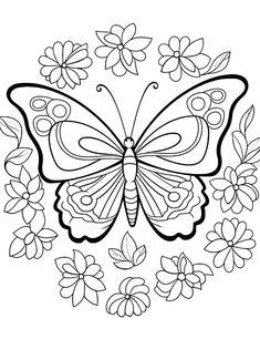 a black and white butterfly with flowers in the background coloring pages for adults to print