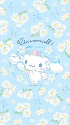 an anime character with flowers and daisies on it's blue background, the name is