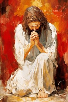 a painting of jesus sitting on the ground with his hands clasped to his knees, in front of a red background