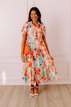 Graceful Moment Floral Midi in Coral Spring Floral Print Dress With Collared Neckline, Flowy Multicolor Midi Floral Dress, Flowy Multicolor Floral Midi Dress, Spring Midi Dress With Abstract Print For Day Out, Button-up Floral Print Maxi Dress For Day Out, Spring Brunch Collared Midi Dress, Spring Collared Midi Dress For Brunch, Spring Dress With Collared Neckline For Day Out, White Collared Midi Dress With Floral Print