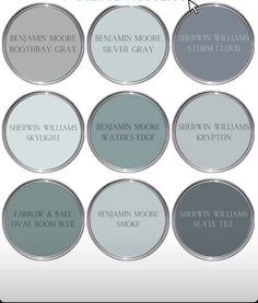 several different shades of gray paint with the names and colors in each one on them