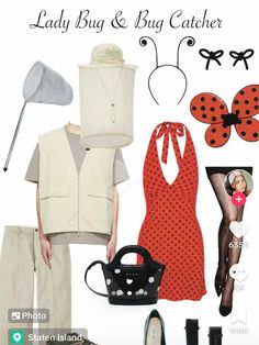 lady bug and bug catcher costume with accessories including shoes, handbag, sunglasses, purse