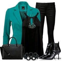 Oficina Black Outfit Combinations, Turquoise Blazer Outfits For Women, Teal And Black Outfits, Turquoise Jacket Outfit, Teal Jacket Outfit, Turquoise Blazer Outfit, Shop By Outfit Women, Teal Blazer Outfit, Turquoise Jacket