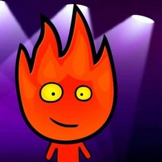 a cartoon fire with yellow eyes and two spotlights in the background that are purple