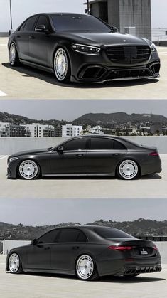 three different views of a black car with chrome wheels and rims on the front