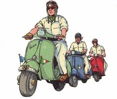 three people riding on the back of a green scooter with one person sitting on it