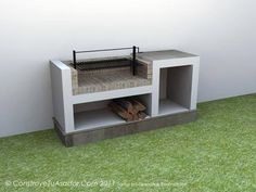 a dog house made out of cinder blocks with a cage on top and firewood in the bottom