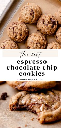 the best espresso chocolate chip cookies on a baking sheet with text overlay