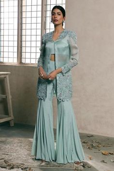 Shop for Dheeru Taneja Blue Crepe Embroidered Jacket And Sharara Set for Women Online at Aza Fashions Crop Top And Jacket Outfit, Shalwar Kameez Pakistani, Mint Green Jacket, Sheer Jacket, Desi Wear, Silk Jumpsuit, Pastel Mint, Beautiful Dress Designs, Stylish Party Dresses