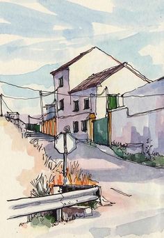 watercolor and ink drawing of a street scene with houses in the background, including a bench