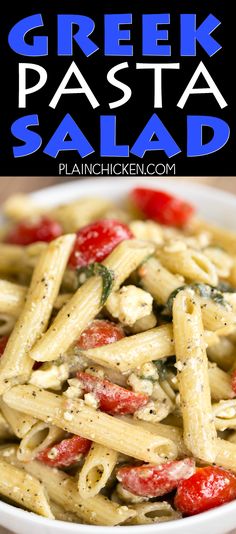 this greek pasta salad is loaded with tomatoes, spinach and feta cheese