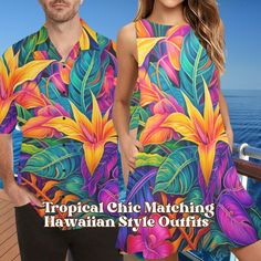 Matching Tropical Chic Hawaiian Outfits, Couples Hawaiian Beachwear, Hawaiian Dress. Just what's needed for a Tropical Cruise, Destination Wedding, Island Vacation, Luau Party. It's here Classic and Classy Meet. No matter your match, you can match! A casual and stylish expression of Summer Vibes and Vacation Mood. Lovers, Friends, Father and Son, Mother and Daughter, Father and Daughter, Mother and Son, Adult twins. Plus Size friendly. Each item sold separately.  ORDERING: When ordering, please Hawaiian Sleeveless Dresses For Beach Party, Tropical Print Dress For Holiday, Tropical Print Holiday Dress, Tropical Short Sleeve Dress For Holiday, Tropical Beach Dress With Tropical Print For Holiday, Tropical Print Beach Dress For Holiday, Multicolor Sleeveless Hawaiian Dress, Tropical Short Sleeve Vacation Dress, Tropical Short Sleeve Dress For Vacation